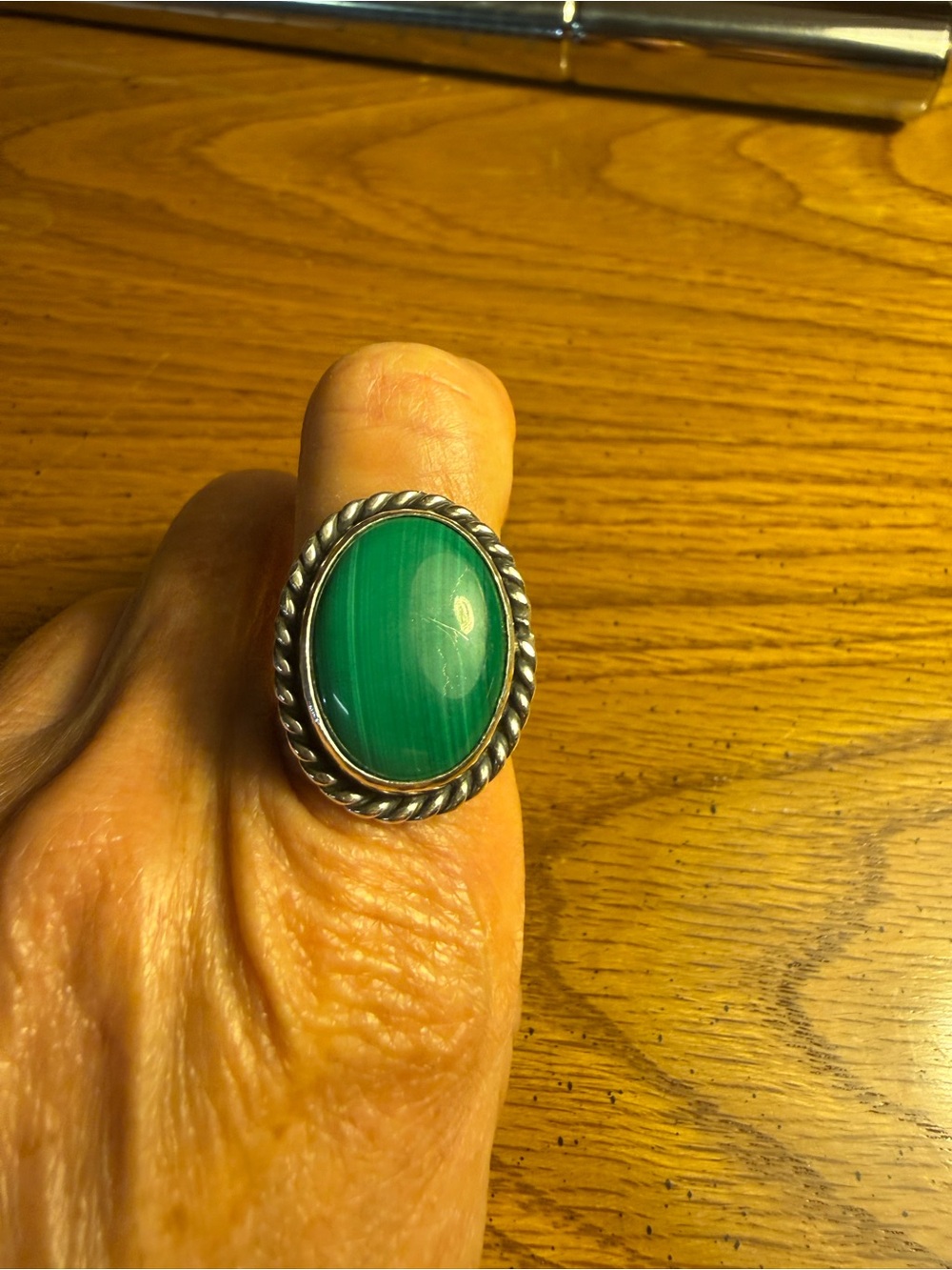 Size 8 Sterling Silver Malachite Oval Stone Ring